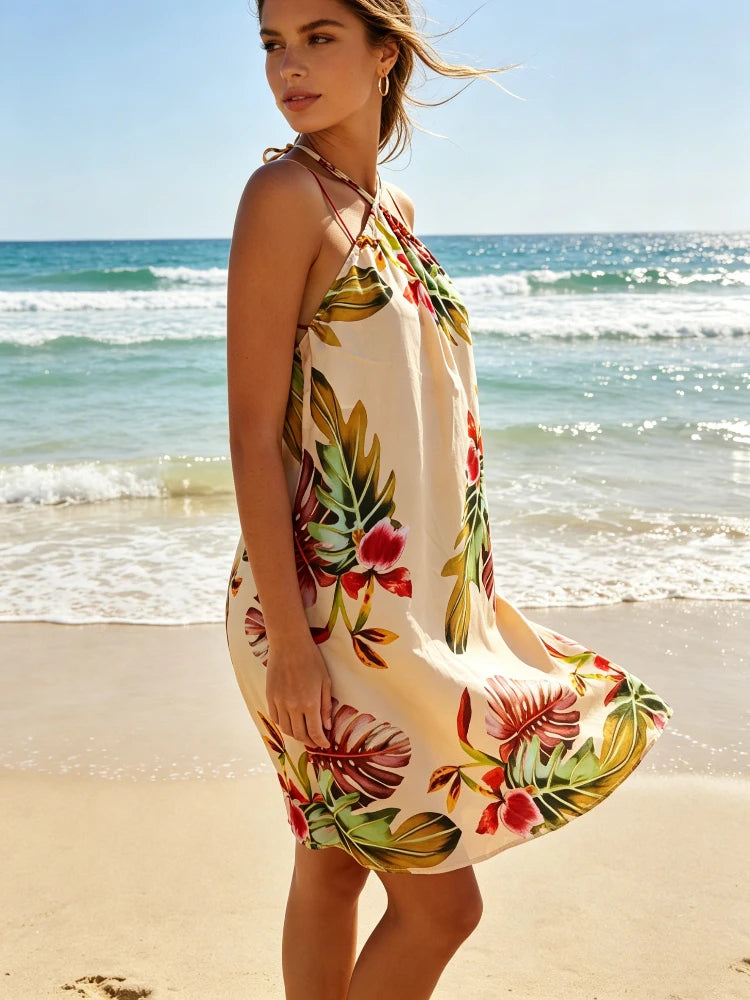 Women's Boho Halter Neck Dress, Tropical Banana Leaf & Peacock Print Backless Swing Dress, Summer Beach Casual Sundress
