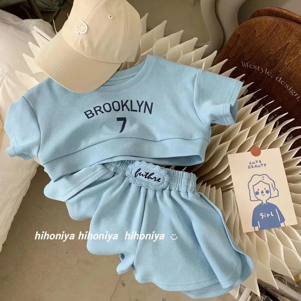 Girls Set 2026 Baby Girl's Summer Short Sleeve Clothing Suits Letter Printed Cotton 2Piece Sport Outfits 1-7Y Children's Clothes