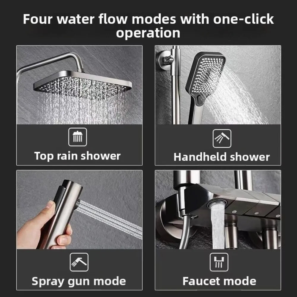Grey Shower System High Pressure Piano Button Digital Shower Faucet Set Intelligent Temperature Display Rainfall Shower Set