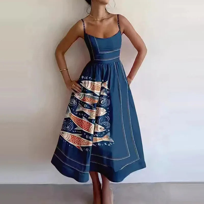 Summer U-neck Casual Female Vintage Elegant Spaghetti Strap Dress Women Elegant Solid Sleeveless A-line Midi Women's Dresses