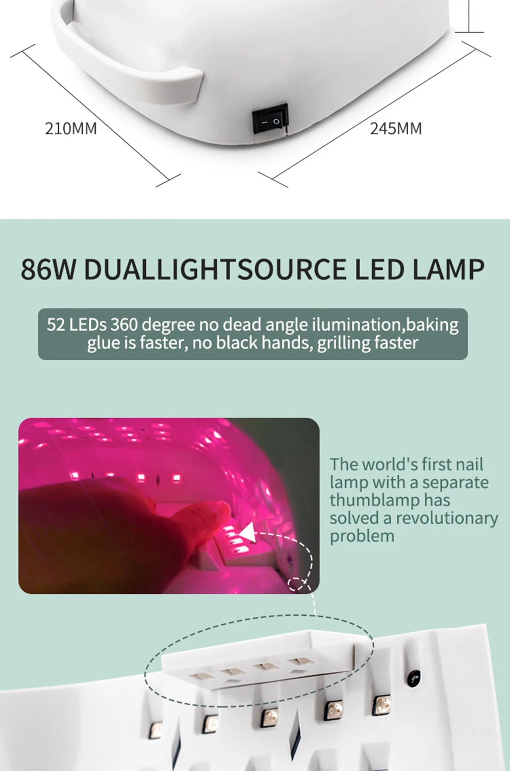 86W Lamp for Manicure Rechargeable Cordless Sun UV LED Lamp Nail Dryer For Curing All Gels 52 LEDs Light with LCD Timer Sensor