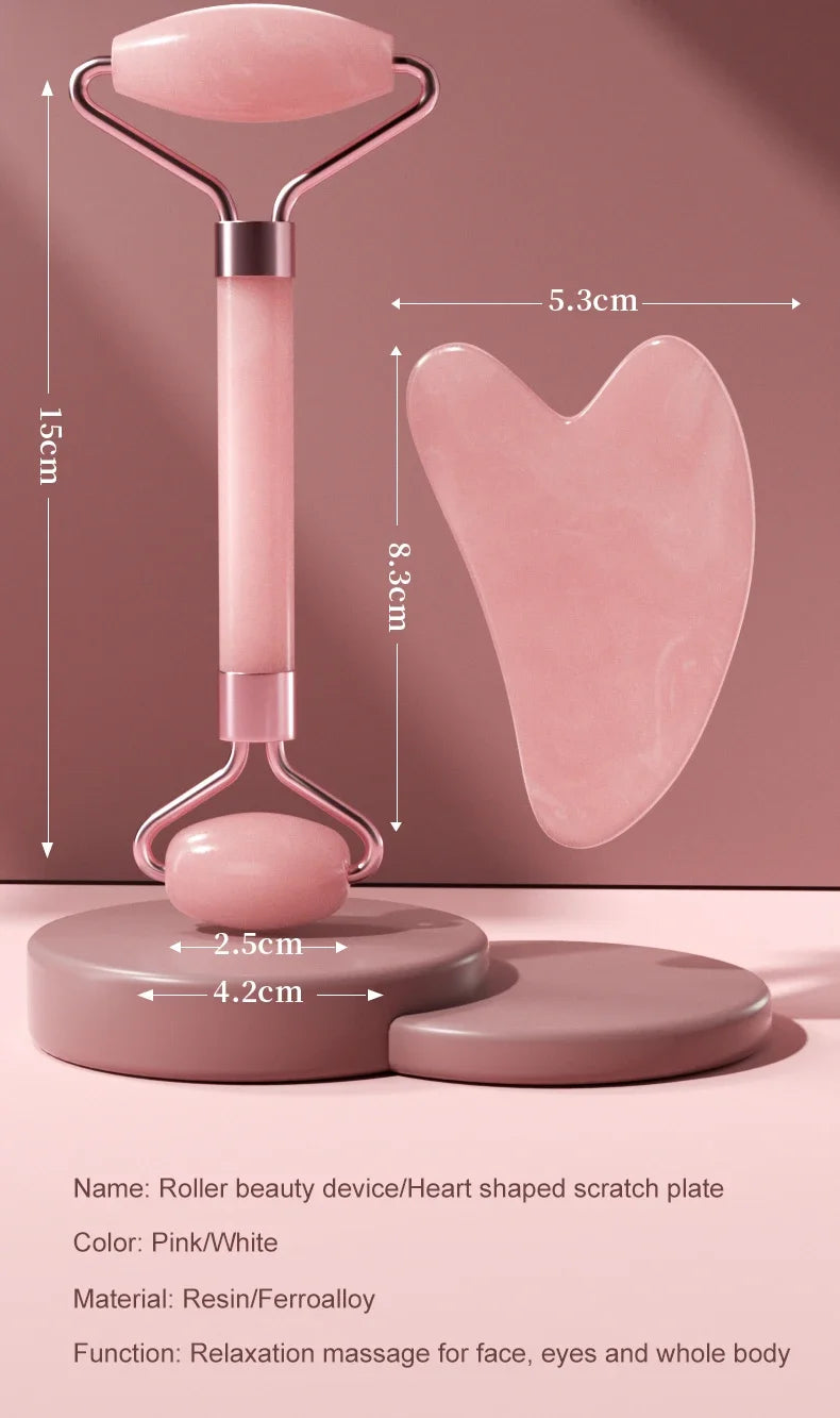 Dual Size Facial Massage Kit Double End Roller Heart Shape Gua Sha Board Skin Lifting Puffiness Reducing Home Spa Beauty Tool