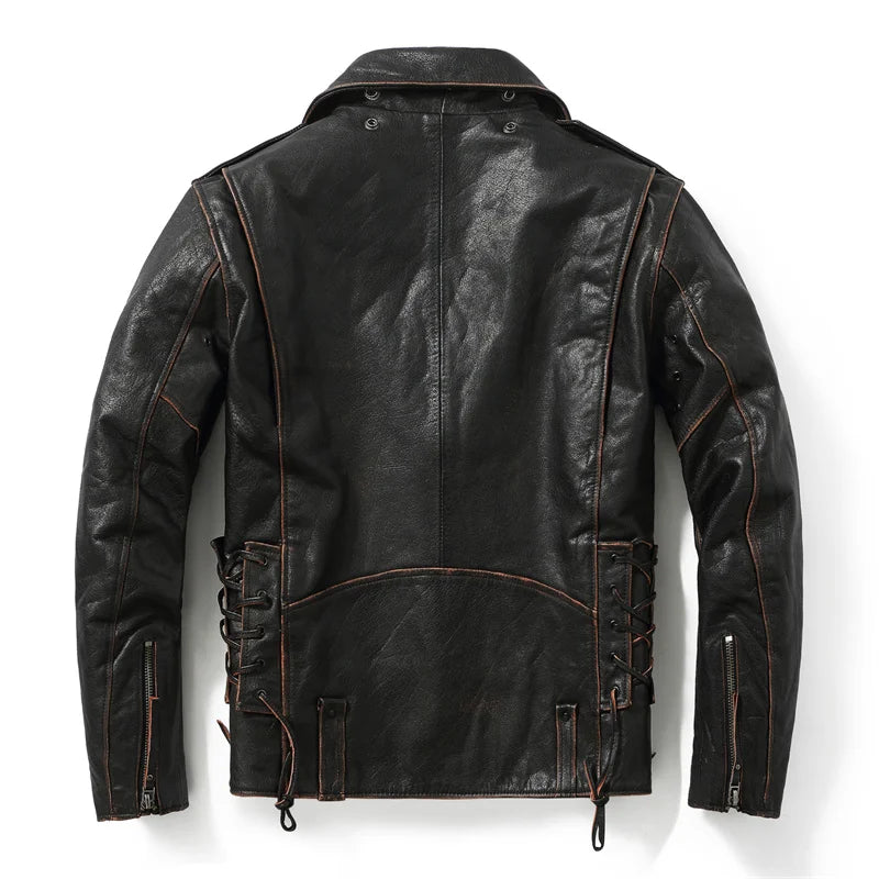 Retro Black Winter Leather Jacket Men Vintage Style Plus Size 5XL Genuine Natural Thick Cowhide Diagonal Zipper Leather Coat