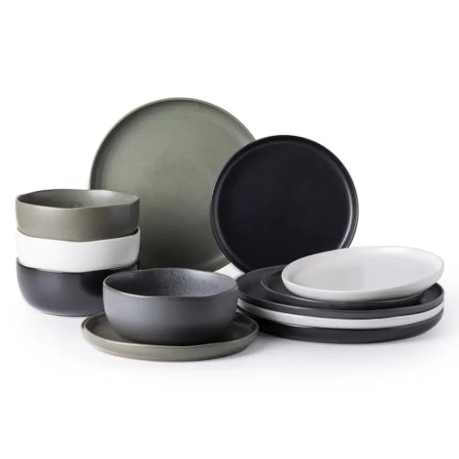 Ceramic Dinnerware Sets, Wavy Rim Stoneware Plates and Bowls Sets, Dishwasher and Microwave and Oven Safe Dishes set, pc