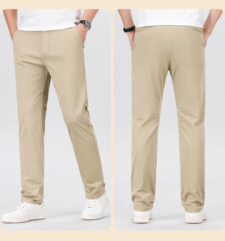 High Quality 97% Cotton Men's Straight Pants Business Solid Color Khaki Light gray Casual Formal Suit Trousers Plus Size 40 42