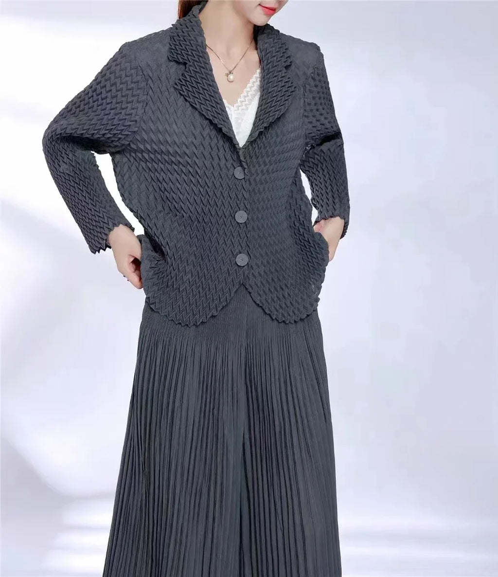 Pleats Original High-end Simple Solid Wave Pleated Small Suit Casual Versatile Long-sleeved Short Jacket Female Spring New