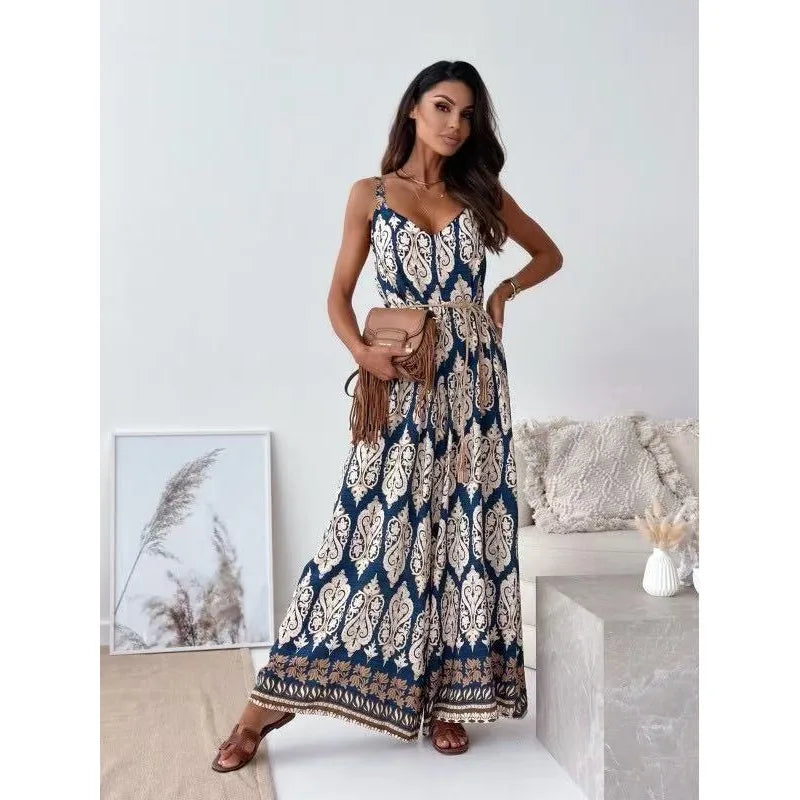 Women Wide Leg Jumpsuit V-Neck Strapless Belted Print New Style Short Pants Jumpsuits For Woman Combinaison Femme Monos Mujer