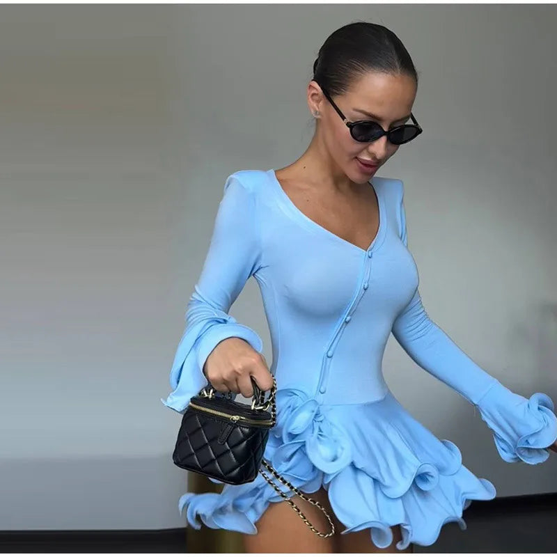 Chic Ruffle Hem Women's Dress V-Neck Long Sleeve Waist-Closed Buttons Solid Lady Mini Dresses 2026 Summer Fashion Female Robe