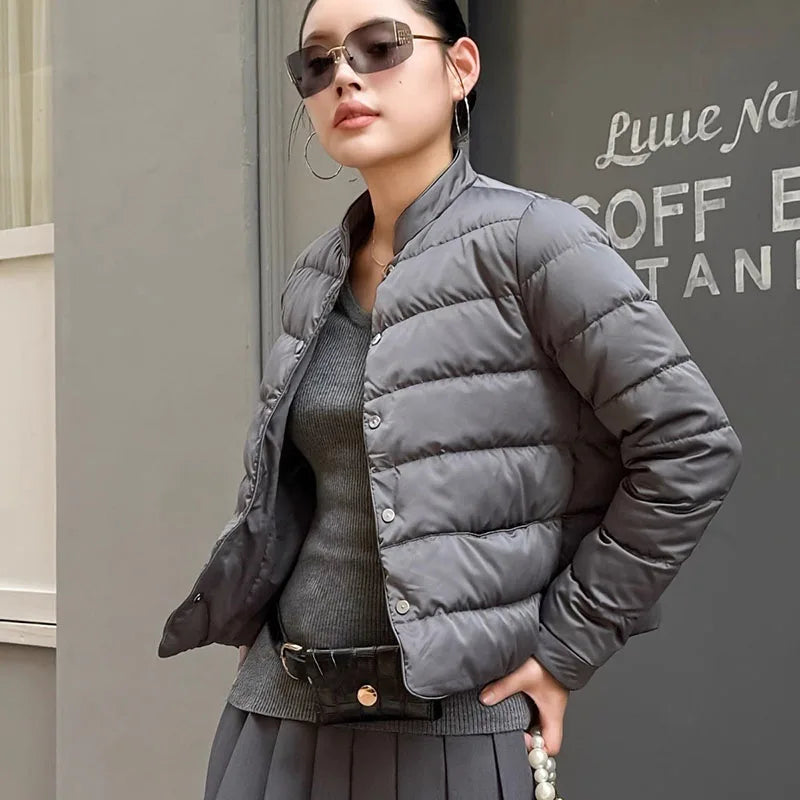 Lightweight Down Cotton Jacket Women Autumn Winter Fashion Stand Collar Warm Short Parkas Vintage Versatile Cotton-Padded Coat