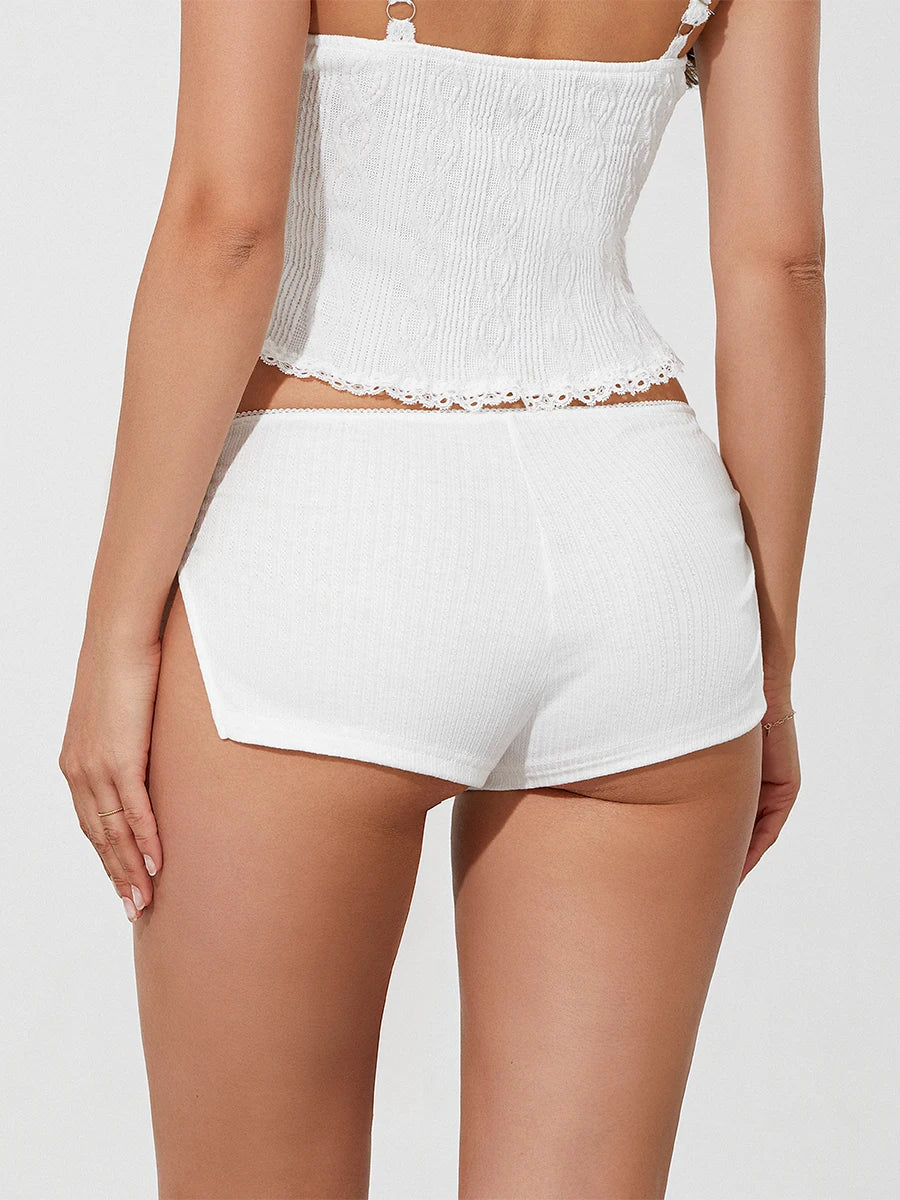 Puloru Summer Flower Decor Low Rise Hot Shorts Sexy Fashion Women's Elastic Band Slit Hem Bodycon Short Pants for Lounge Street