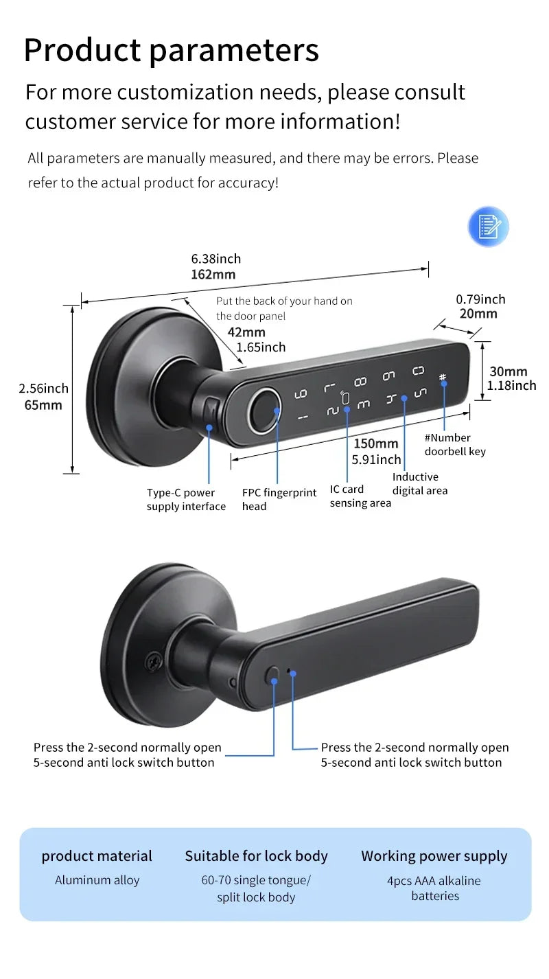 Tuya App Bluetooth Smart Fingerprint Door Lock Password Mechanical Key NFC Unlocking For Wooden Door Handle Lock IP65 Rainproof