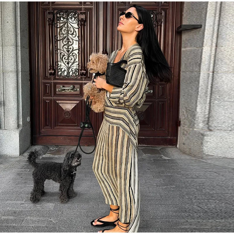 Women Striped Wrap Dress V-neck Loose Pleated Long Sleeved Asymmetrical Drape Dresses 2026 Summer New Casual Commute Lady Robes