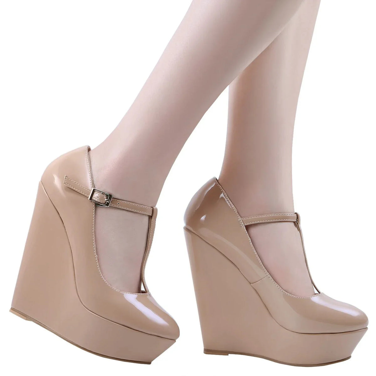Women Platform Wedge Heels Pumps Autumn Winter 14cm Round Toes T-Strap High Heeled Gladiator Ladies Dress Party Wedding Shoes