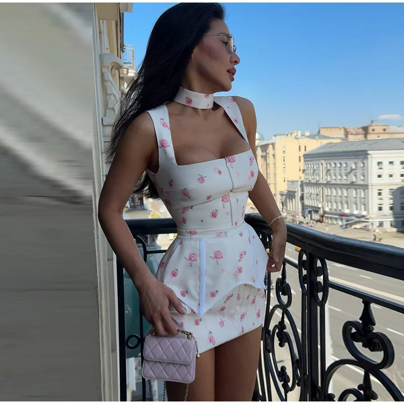 Women's White Floral Print Wide-strap Cami Dress With Waistband Fashion Satin Bodycon Mini Dresses Lady 2026 Elegant Party Robes