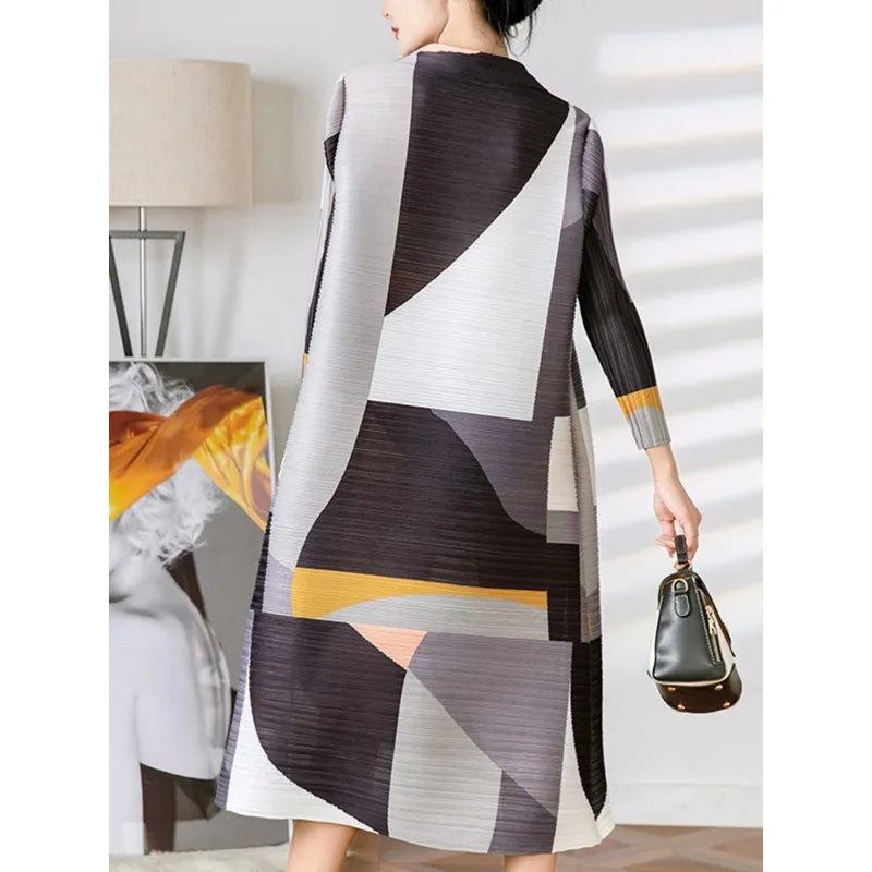 YUDX Miyake Pleated Print Dress For Women Medium Long Stand Collar Niche Design Loose Pullover A Line Female Spring New 2024