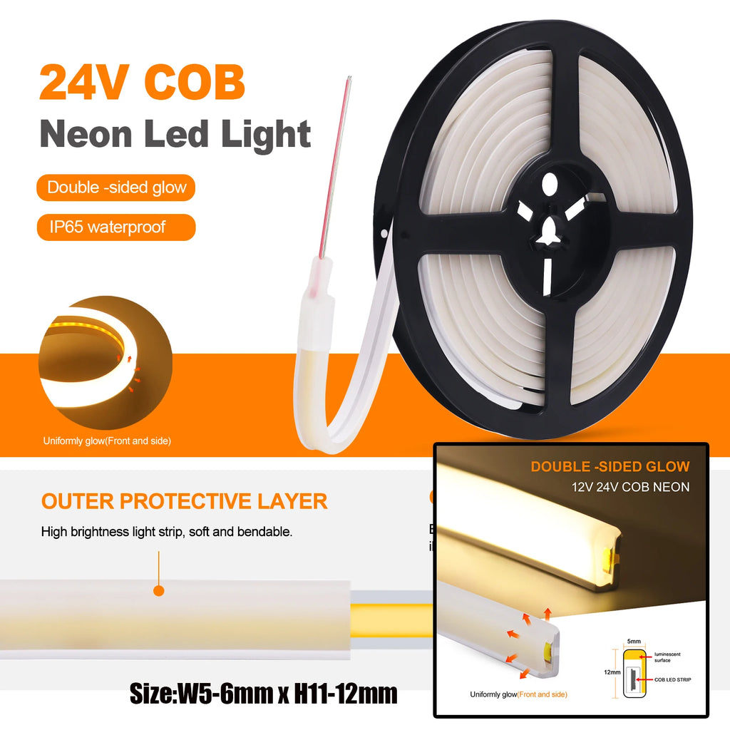 IP67 Waterproof High Brighter COB Neon Strip 12V 24V 320Leds 3000K 4000K 6000K Home Garden Decor Flexible Ribbon Rope LED Light