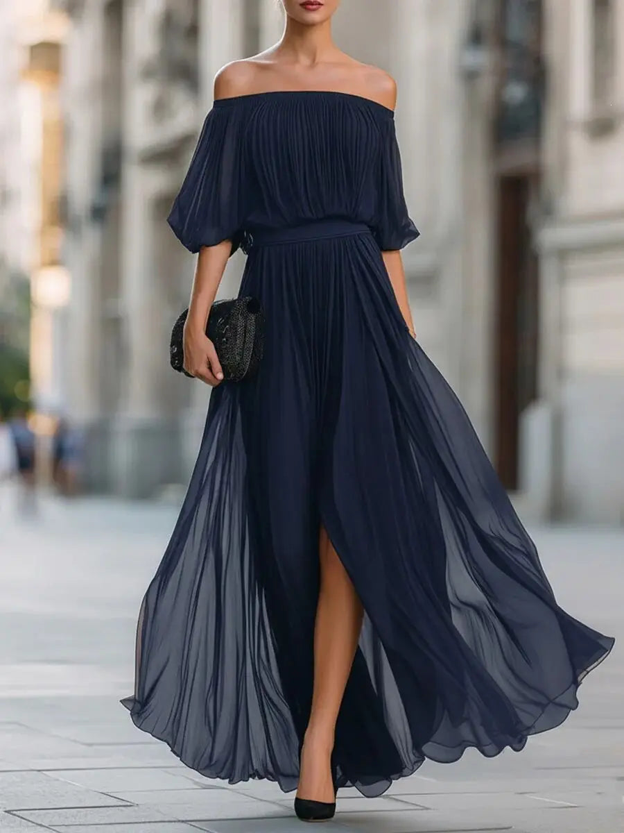 Elegant Women's Long Dress Off-the-shoulder Chiffon Evening Dress Sexy Ruched Slit Flowing Skirt Fashionable Party Holiday Dress