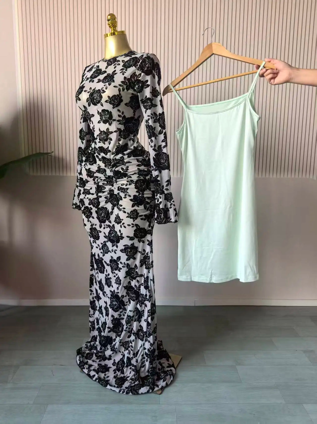 CM.YAYA Women Long Sleeve Ruched Mesh See Though with Lining Bodycon Long Dress 2025 Fall Evening Birthday Sexy Party Dresses