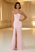 Customized Women's Pink Strapless Asymmetrical Crystal Embellished High Slit Fitted Mermaid Dress for Formal Wedding Guest Event