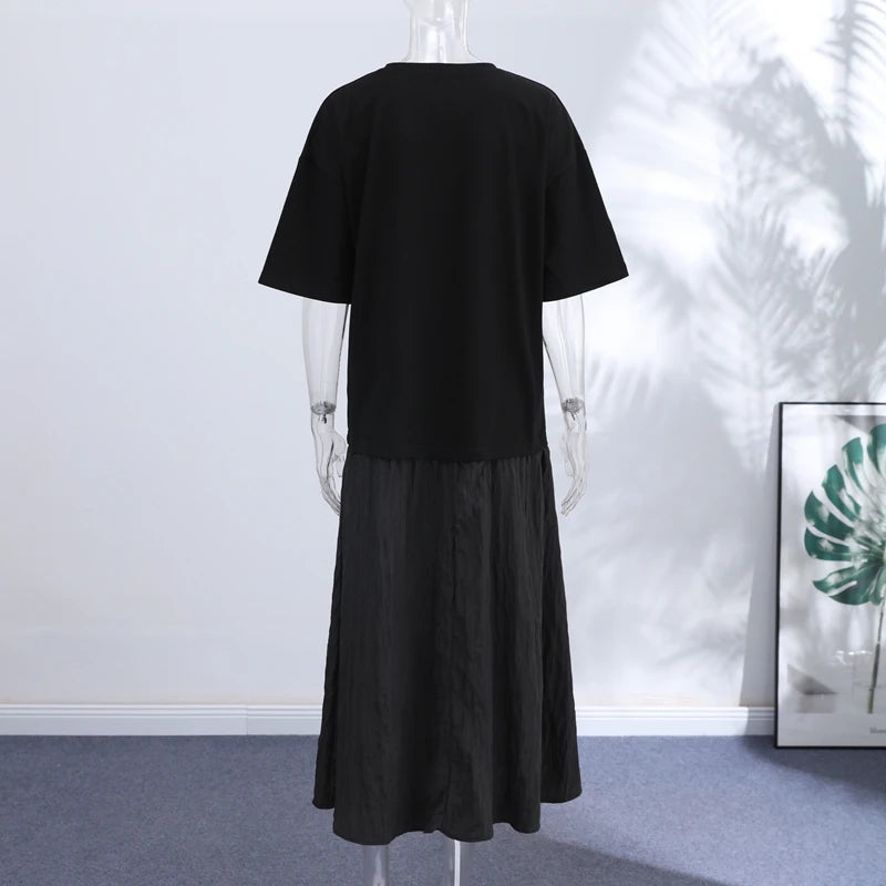 Fashion Solid Women Patchwork Dress Short Sleeve Round Neck Loose Female Dress Casual Office Streetwear Commute Summer 2026