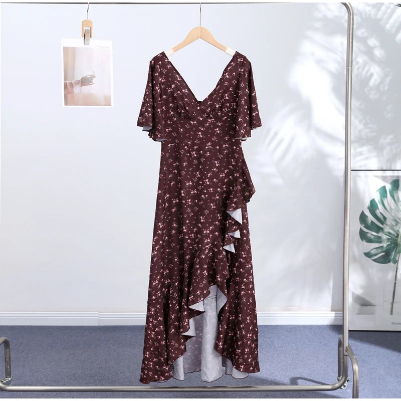 Elegant Print Women Long Dress Chic Ruffle Pleated Short Sleeve V-neck Waist-Closed Female Dresses 2026 Summer Beach Lady Robe