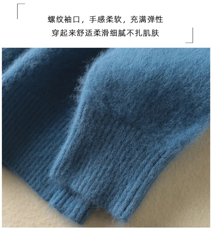 Women's Pile Collar 100% Mink Cashmere Sweater Winter High Collar Knitted Pullover Casual Short Thick Tops Loose Warm Base Shirt