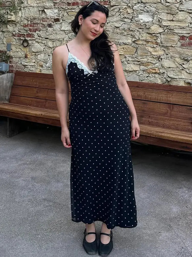 Lace V-Neck Patchwork Maxi Dress Women Backless High Waist Slim Spaghetti Contrast Party Dress Female Spring Long Dress Hot Sale