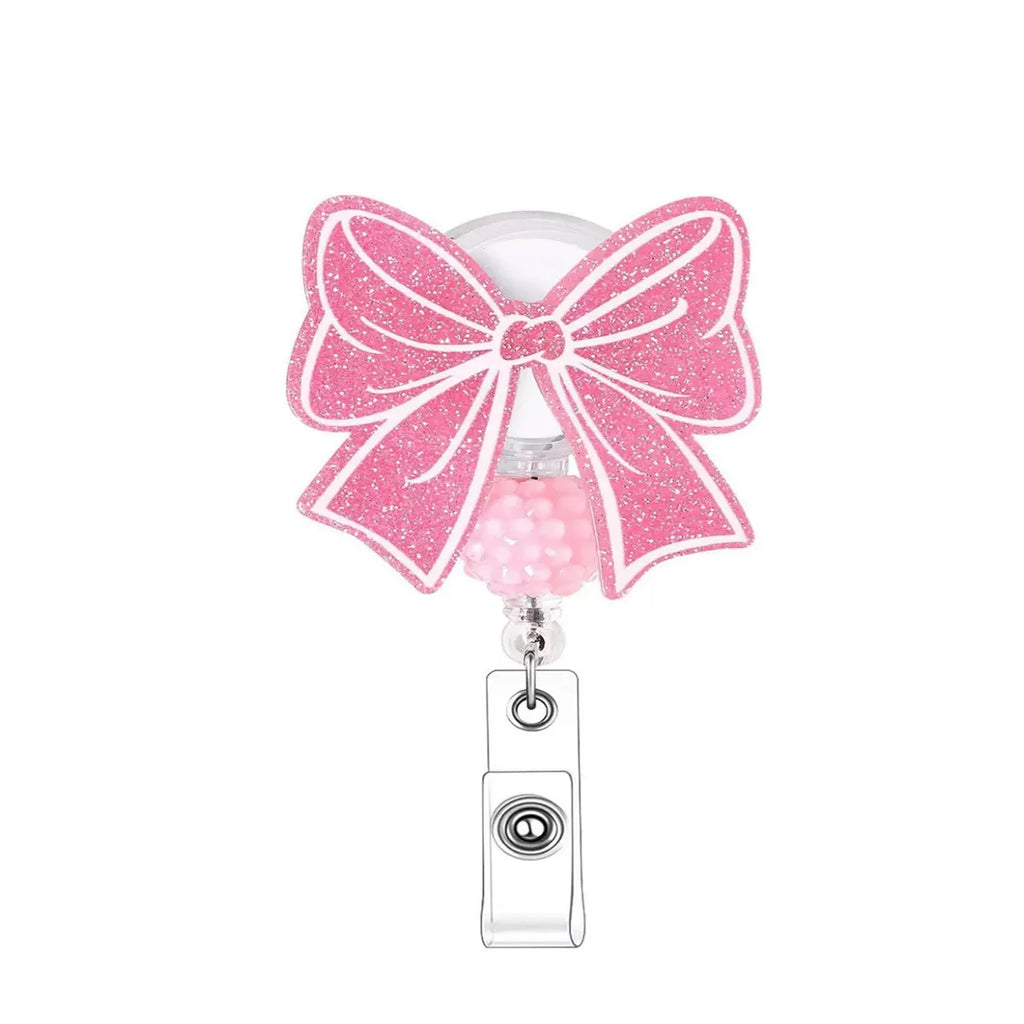 Pink Bow Badge Reel Cute Badge Reel with Alligator Clip ID Badge Holder Funny Sparkly Glitter Retractable Nursing Badge Reels