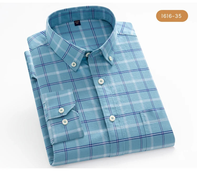 Men's 100% Cotton Breathable Oxford Fabric Dress Shirt, Plaid Striped Casual Long Sleeve, Button-Up with Collar and Chest Pocket