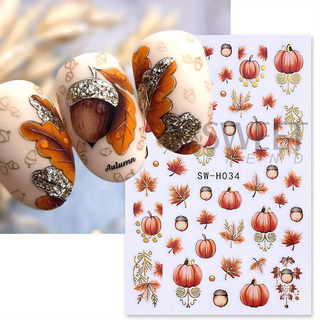 2pcs Glitter Autumn Pumpkin Maple Leaves Nail Stickers Metal Gold Fall Pine Cones Adhesive Decals Painting Foils Manicure Deco