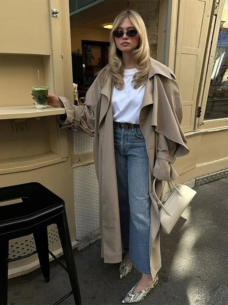 Khaki Lace Up Cape Trench Coat Loose Solid Full Sleeve Lapel Windbreaker 2026 Autumn New Fashion Commute Casual Daily Coats