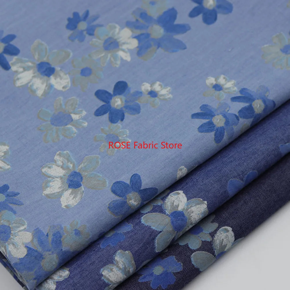 High-quality Delicate floral print denim For coats, shirts, pants, bags, DIY hand sewing, designer fabrics
