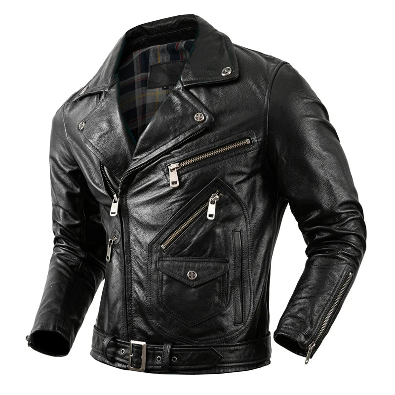 New Motorcycle Leather Jacket Autumn Off-road Motorcycle Riding Jacket Men's Slim Fit Cow Leather Jacket Trendy Lapel Jacket