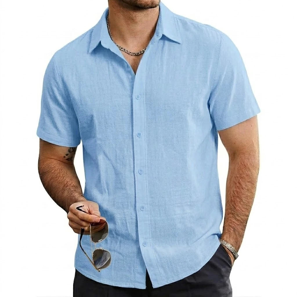 Summer Cotton Linen Shirts Men Short Sleeve T-Shirts Solid Color Button Tshirts Casual Beach Plus Size Hawaiian Shirt Thin Tops
