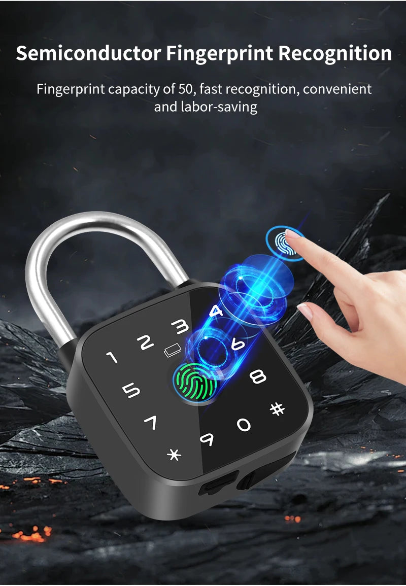 IP67 Smart Padlock Support Tuya App Fingerprint Password RFID Card Key Unlock Type-C Charging Multi-function Anti-theft Lock