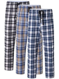 3Pcs Men's 100% Cotton Plaid Pajama Sleeping Pants, Long Plaid Print Sleepwear Pajama Pants with Elastic Waist Homewear