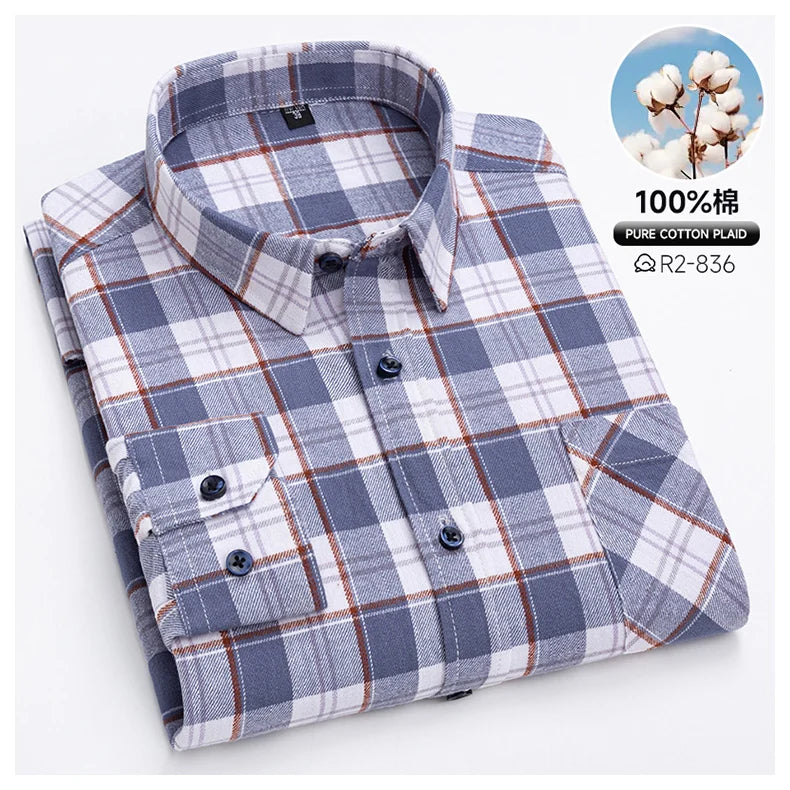 Classic Retro Plaid Flannel Shirt Long Sleeve 100% Cotton Fashion Casual Soft Spring Autumn Winter Standard Pocket Men's Shirt