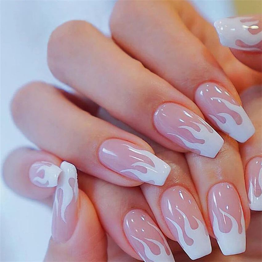 24Pcs/Set Blue Sky White Cloud Fake Nails Glue DIY Manicure Pattern Design False Nail French Stiletto Full Cover Nail Art Tools