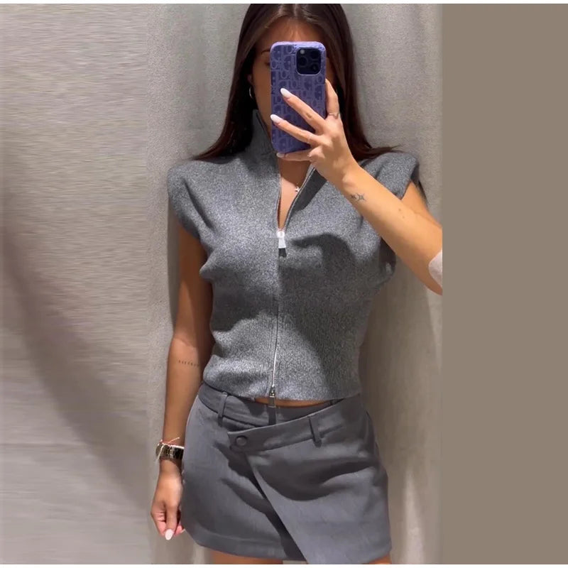 Women's Double Zipper Knit Vest Stand Collar Shoulder Pad Sleeveless Slim Cropped Sweater 2026 Autumn All-match Casual Outfits