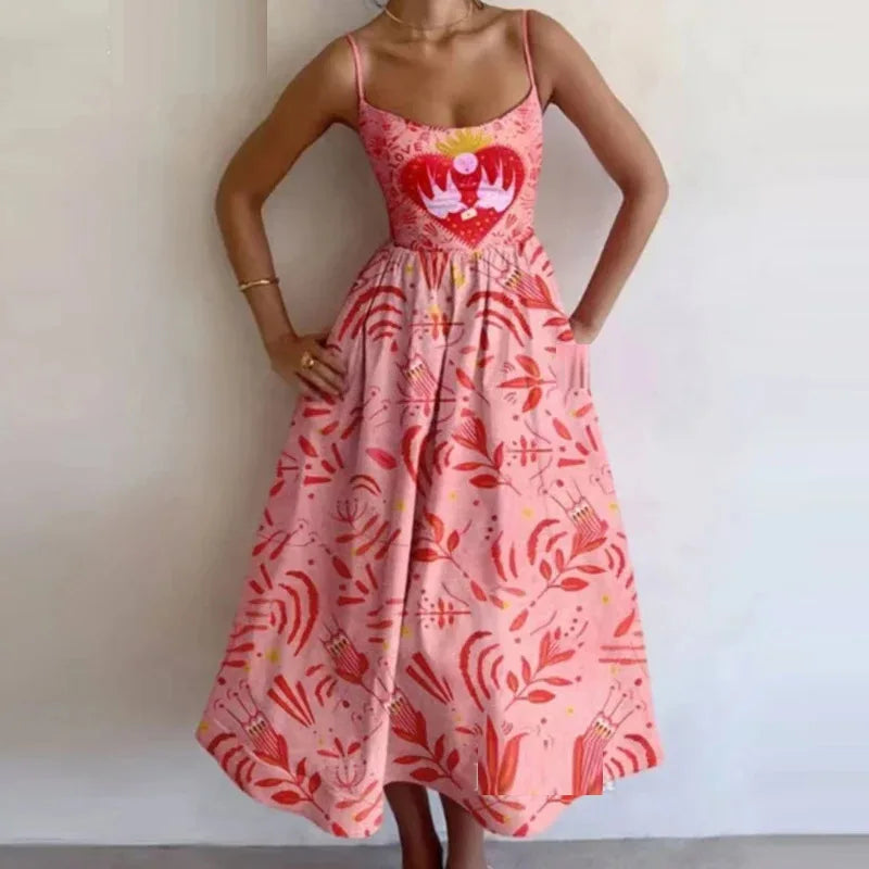 Summer U-neck Casual Female Vintage Elegant Spaghetti Strap Dress Women Elegant Solid Sleeveless A-line Midi Women's Dresses
