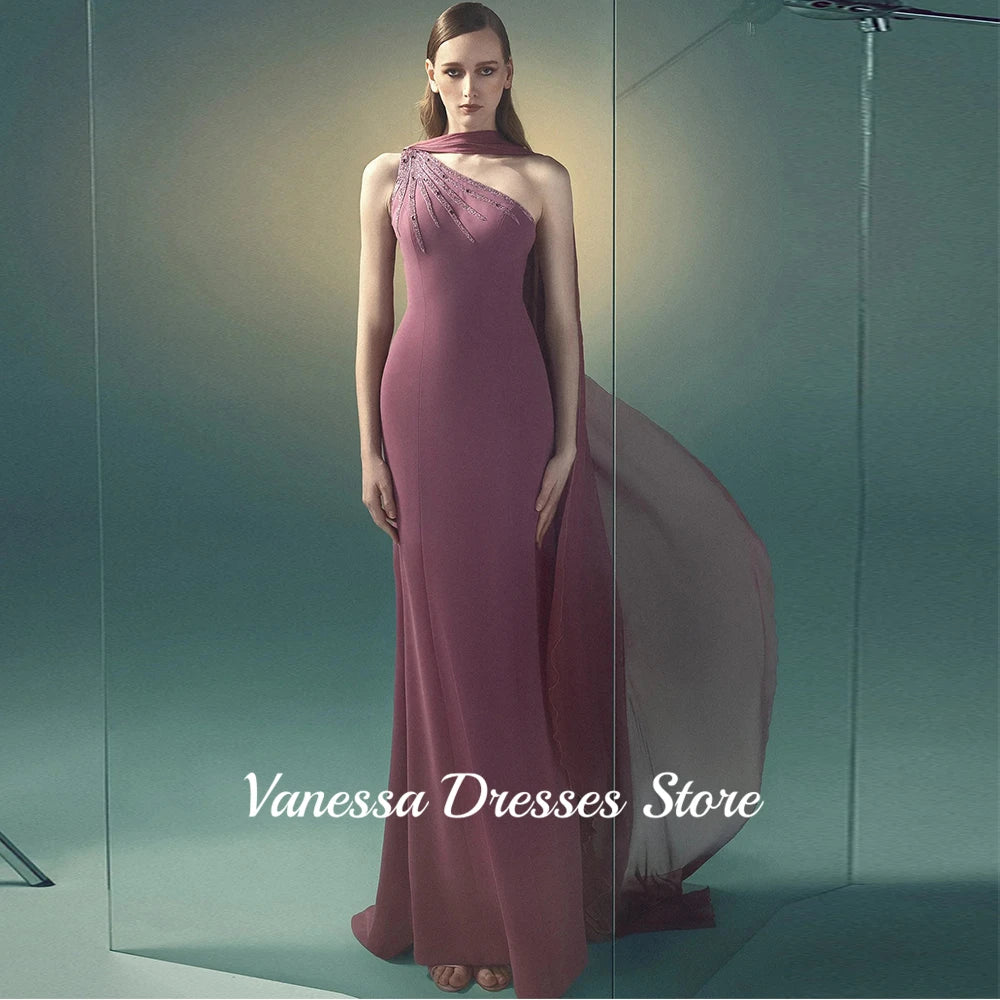 Modern One Shoulder Straight Evening Dress Customized Beading Jersey Saudi Arabian Shawl Sleeveless Prom Gown Party Dresses
