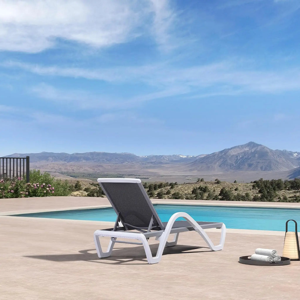 Stackable Plastic Chaise Lounge, 6-Position Reclining Flat Lay, PP & Textilene, Wheels, Outdoor Patio, Customized