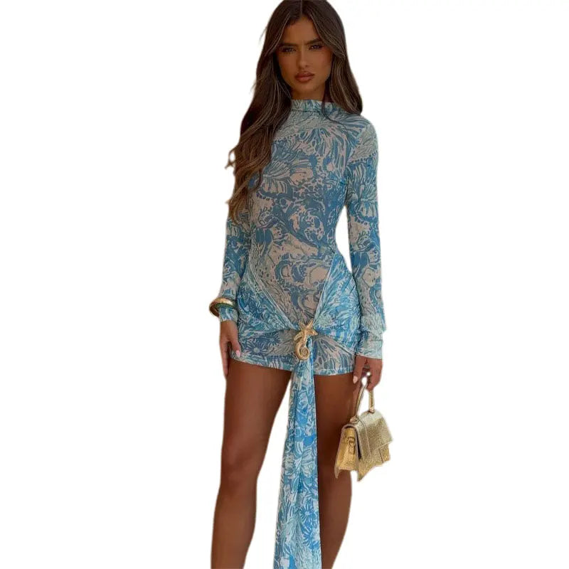 Women Blue Print Mesh Short Dresses Chic Sexy Summer Long Sleeve See-through Bandage Starfish Holiday Beach Dress Streetwear Hot