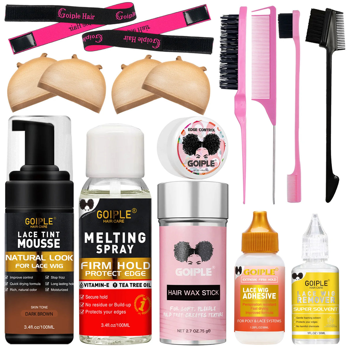 GOIPLE Wig Installation Kit Set with Lace Tint Mousse Melting Spray Wig Glue Remover Wax Stick Edge Control & Tools Wig Kit for Beginners & Daily Wear