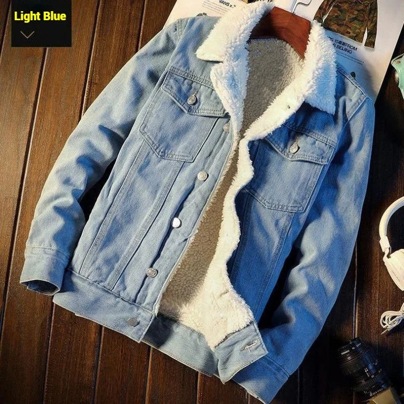 Mens Winter Fleece Denim Jacket Thick Warm Lambswool Loose Plus Size Cotton Trendy Casual Outerwear Coat