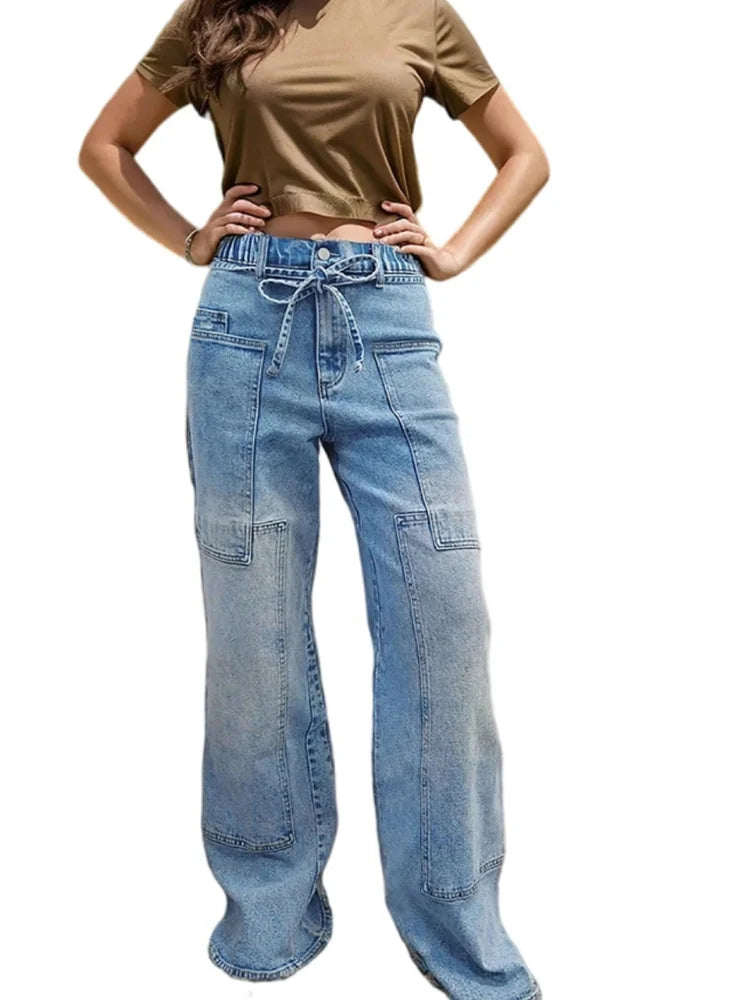 【HME】Jeans | Drawstring Elastic High Waist Denim Pants, Cargo Patch Pockets With Contrast Stitching Wide Leg Denim, Light Wash Vintage Fabric, Relaxed Fit Flattering Pants For Women Daily Commute & Streetwear