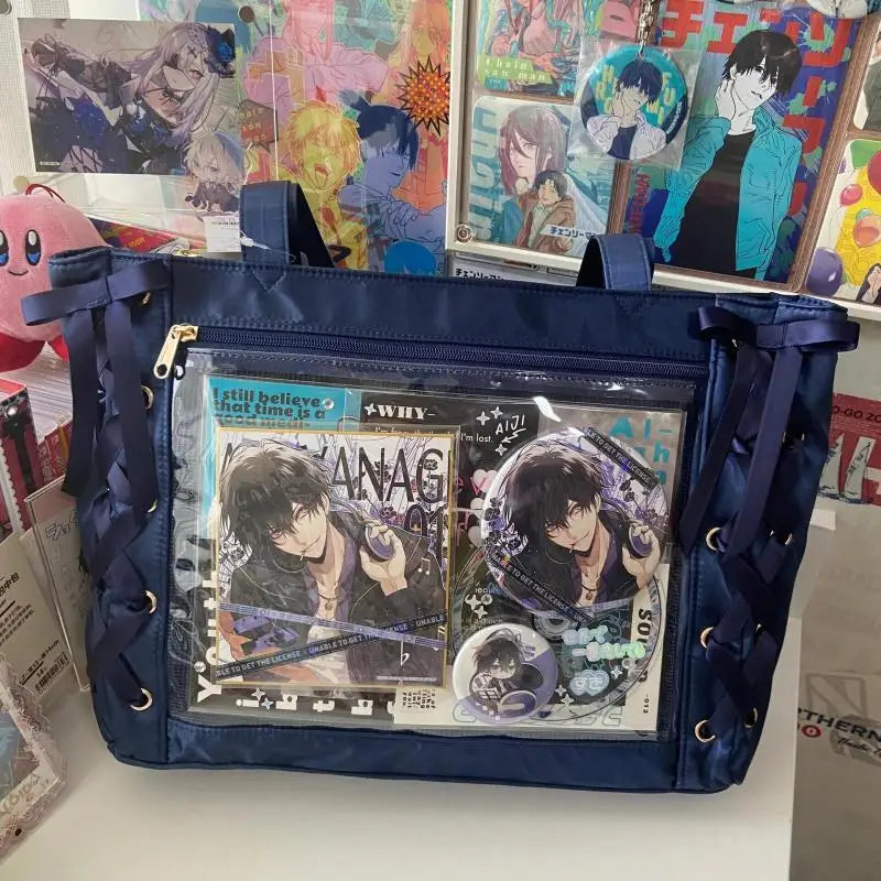 Japanese Sweet Women Ribbon Ita Bag Fashion Large Capacity Tote Bag Aesthetic Shoulder Bag Cute Lolita Girl Transparent Handbags