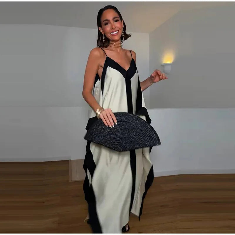 Contrast Black Trim Satin Cami Maxi Dress Deep V Neck Loose Flowy Ruffle Hem Lady Long Gown 2026 Summer Formal Vacation Dresses