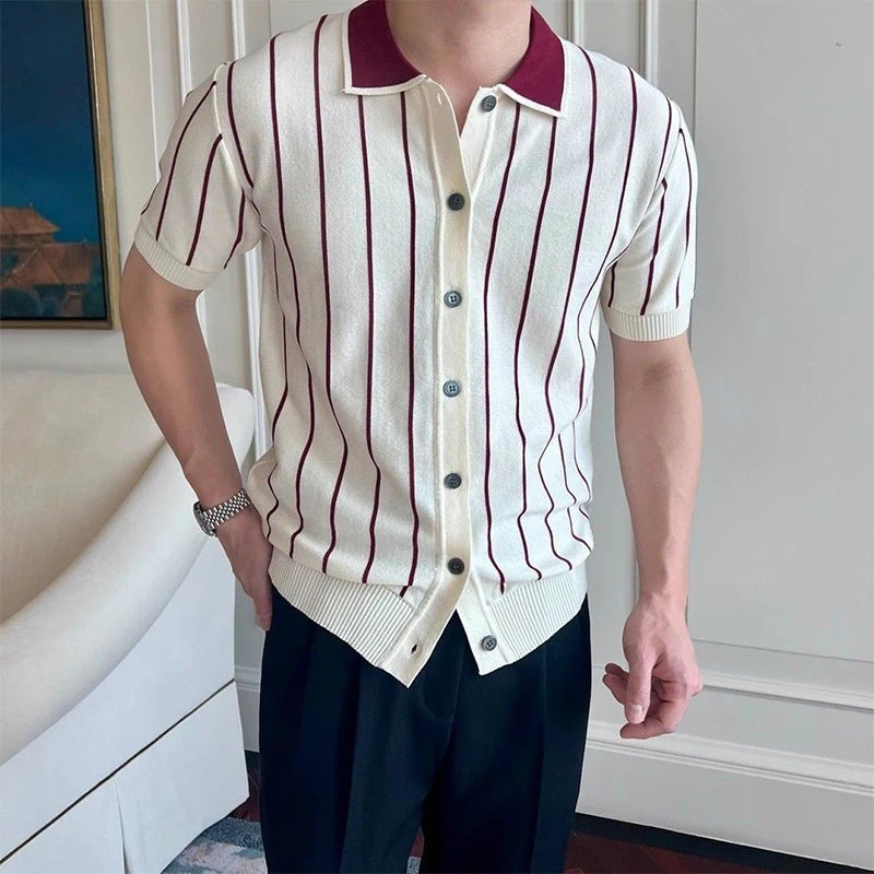 New Men Fashion Knitted Cardigan Tops Casual Patchwork Polo Shirt Leisure Striped Short Sleeve Shirts All-match Breathable Tees