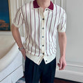 New Men Fashion Knitted Cardigan Tops Casual Patchwork Polo Shirt Leisure Striped Short Sleeve Shirts All-match Breathable Tees